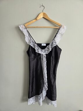 Italian Black Satin Lace Trim Slip Dress Lingerie Style Coquette Vintage Cottage